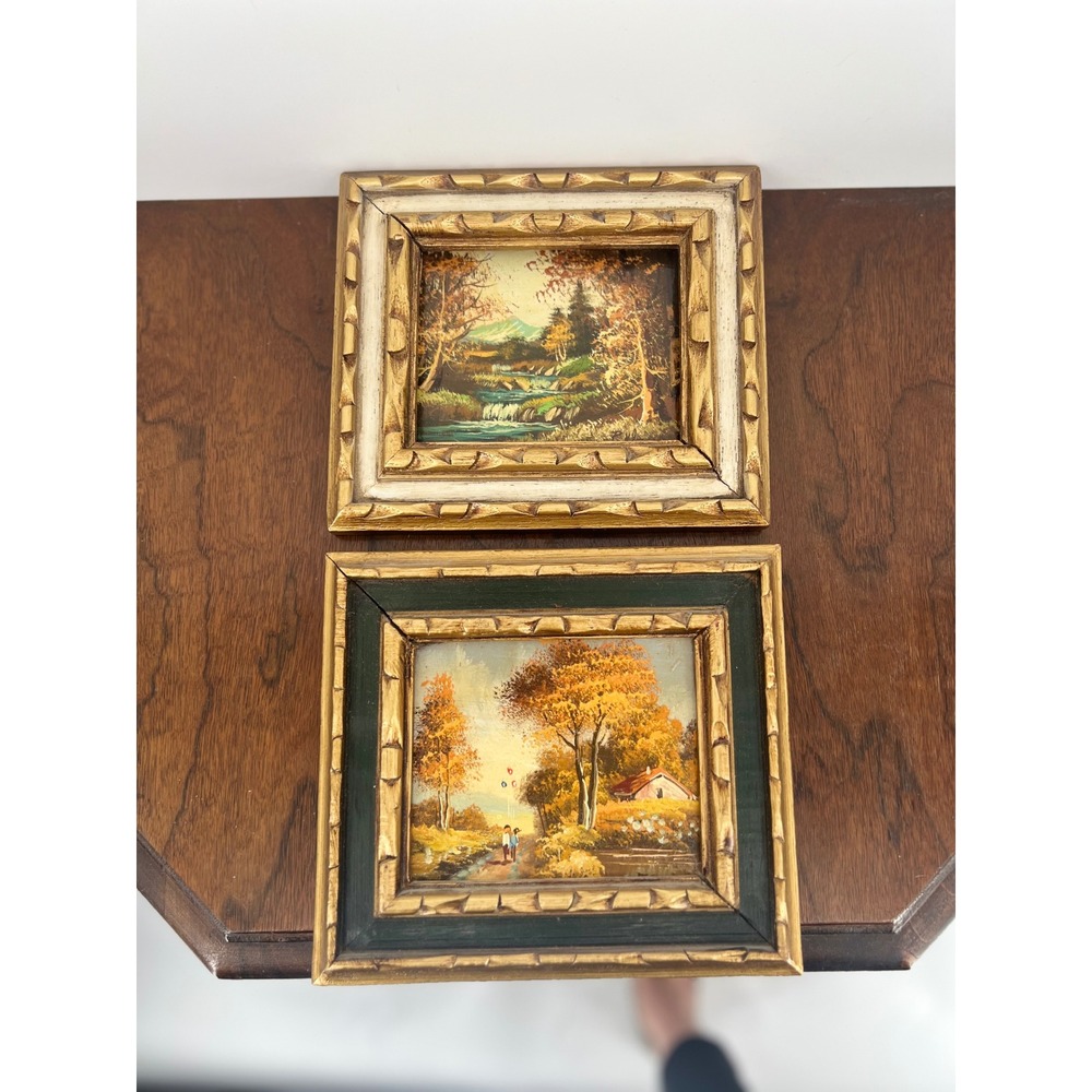 Vintage Landscape Oil On Board Cottage Waterfall Gold Gilt Wood Frame Signed Set